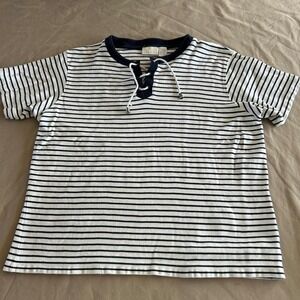 Vtg Elisabeth Liz & Co Wms Striped Top L Navy White Lace Up Nautical Coastal 90s